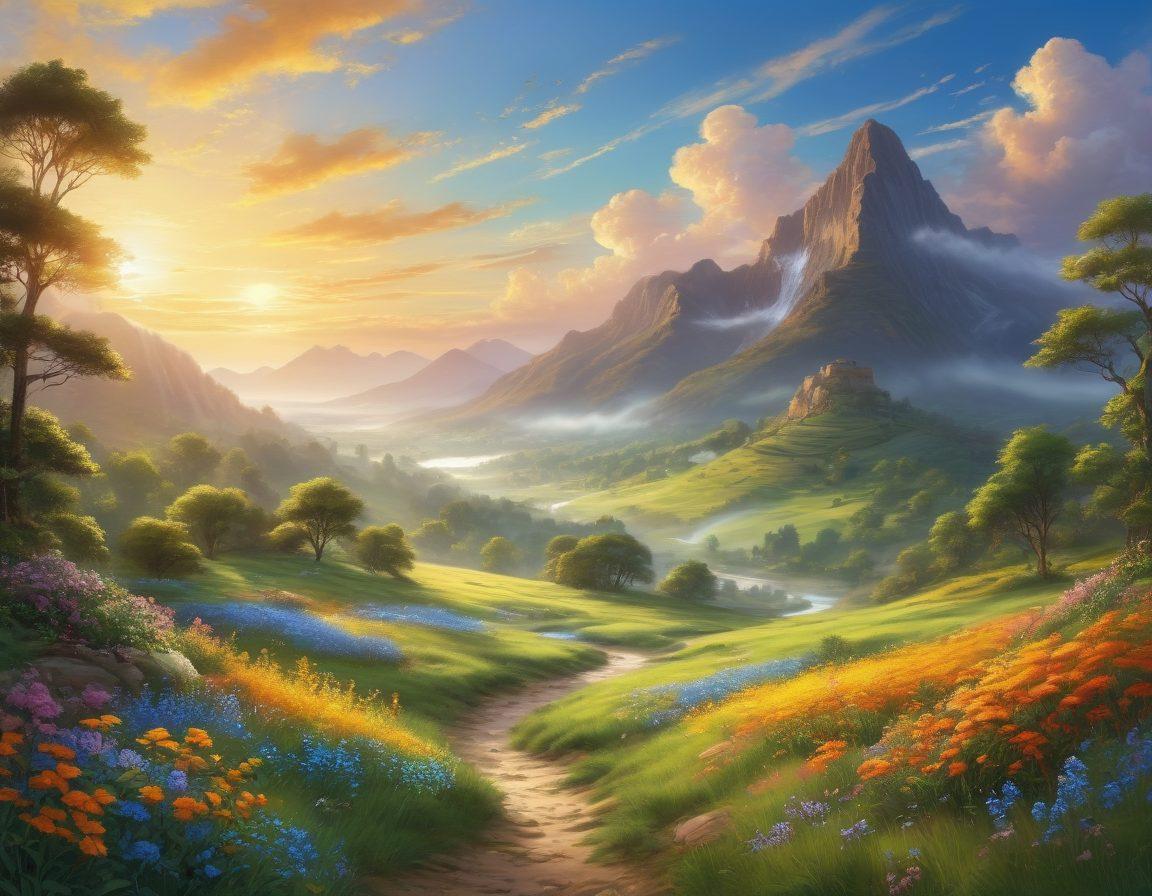 A serene landscape depicting a radiant sunrise over a peaceful valley, symbolizing joy and prosperity. Include figures meditating in harmony, surrounded by lush greenery and blooming flowers, with gentle rays of light illuminating their faces. In the sky, soft clouds form shapes of divine symbols, inviting a sense of tranquility and divine blessing. The color palette should be warm and inviting, with vibrant hues of gold, green, and blue. super-realistic. vibrant colors. tranquil atmosphere.