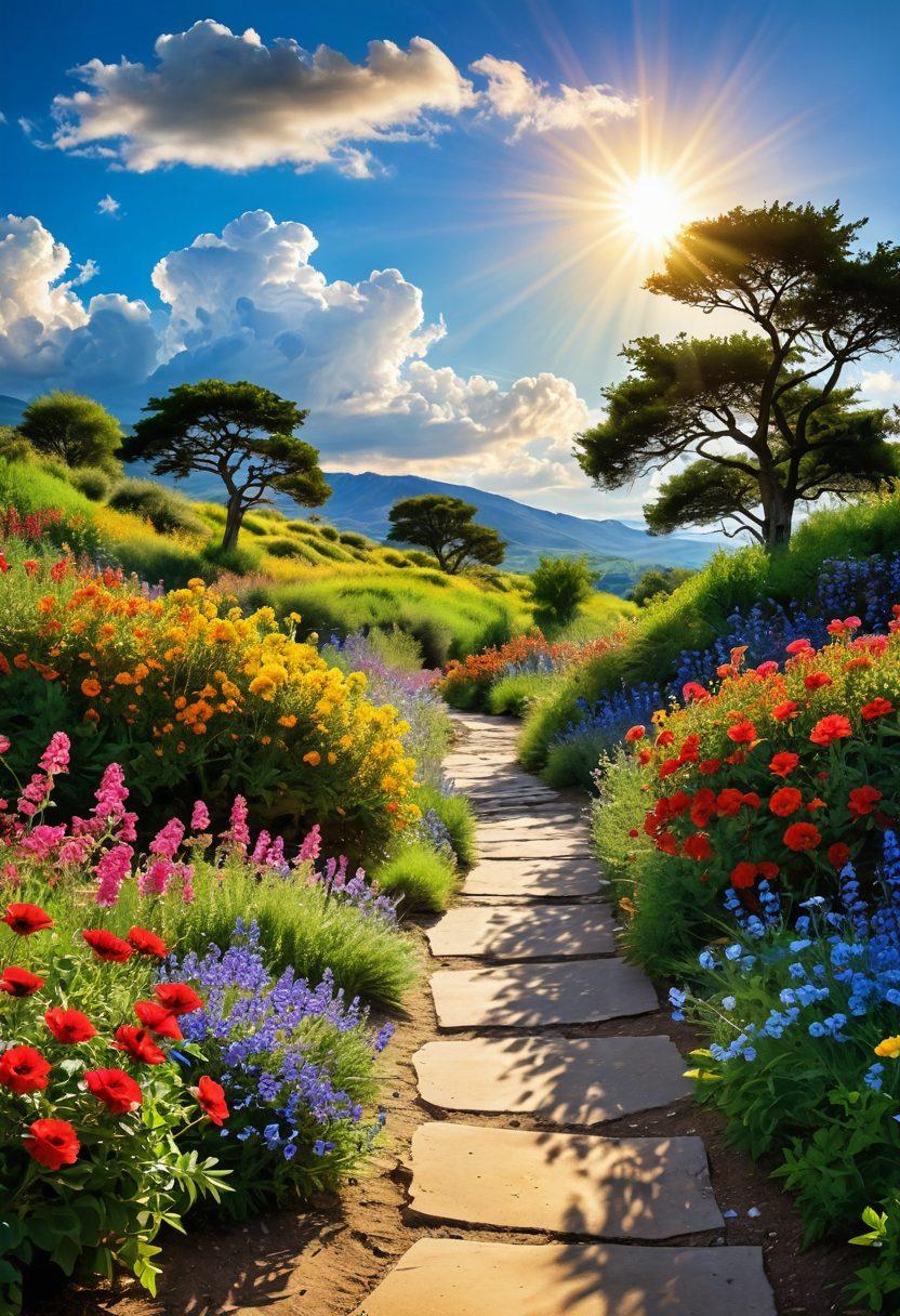 An open pathway winding through a vibrant landscape filled with blooming flowers and lush greenery, symbolizing growth and gratitude. Along the sides, people of diverse backgrounds share smiles and gestures of thanks, embodying a spirit of togetherness. Above, a radiant sun casts warm light, highlighting the joyful atmosphere. Gentle clouds drift in a clear blue sky, symbolizing peace and prosperity. art style: vibrant colors. impressionistic.