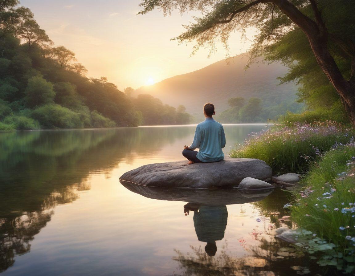 A serene landscape featuring a tranquil lake reflecting the soft, warm light of a sunset. In the foreground, a person meditating on a smooth rock, surrounded by lush greenery and gentle flowers, symbolizing divine favor. Ethereal rays of light stream down from the sky, creating an aura of grace and serenity around them. Soft, muted colors evoke a sense of peace and calm. impressionistic style. pastel colors.